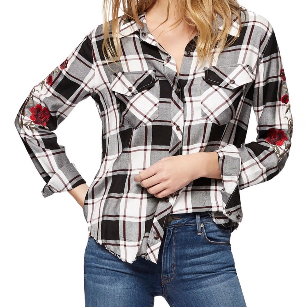 Embroidered Black and White Flannel Shirt